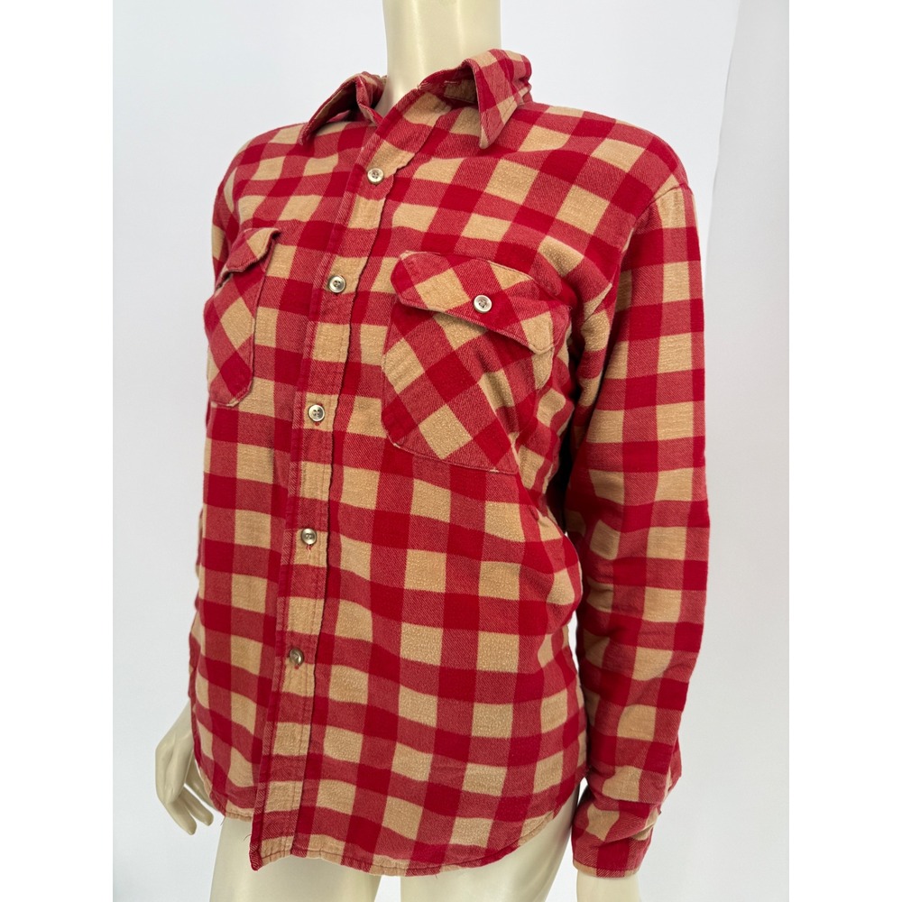 Vintage 70s Lee Quilted Buffalo Plaid Shirt Jacket Red Tan Medium Womens